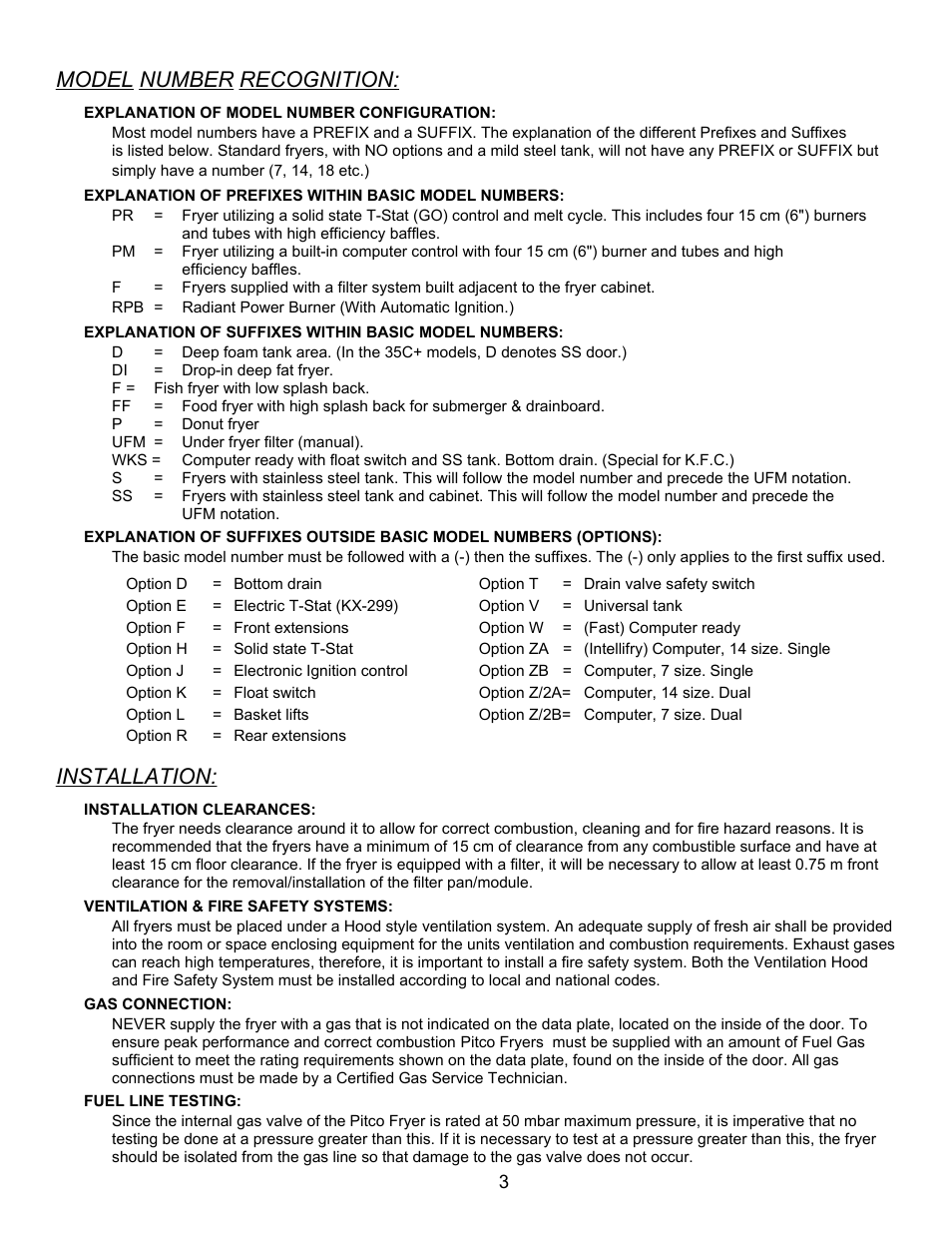 Model number recognition, Installation | Pitco Frialator RPB14 User Manual | Page 7 / 18