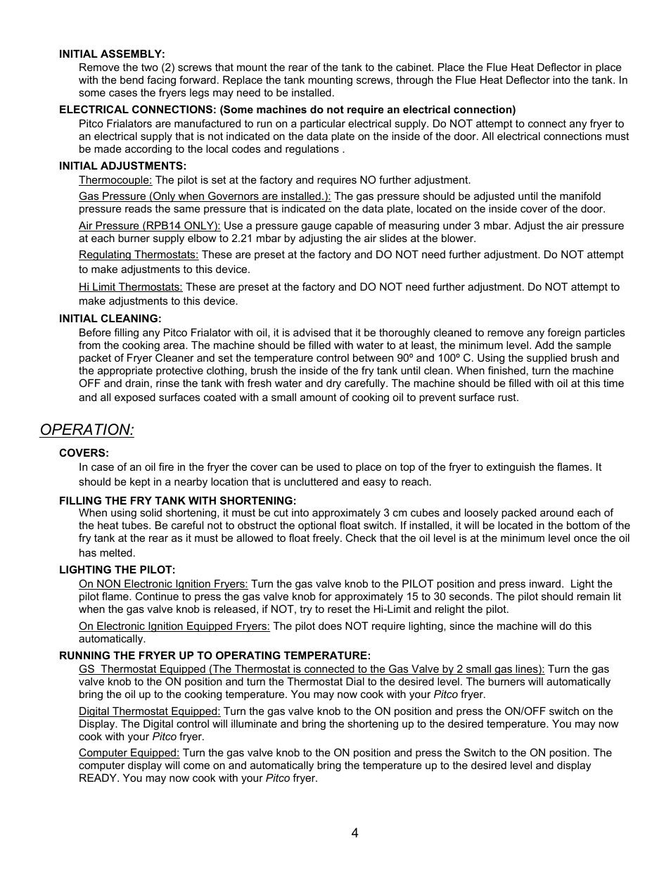 Operation | Pitco Frialator RPB14 User Manual | Page 8 / 18