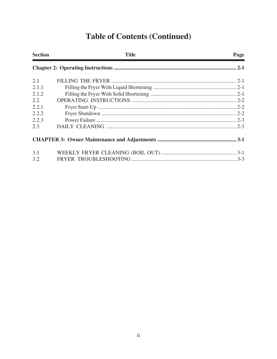 Table of contents (continued) | Pitco Frialator 26 User Manual | Page 7 / 35