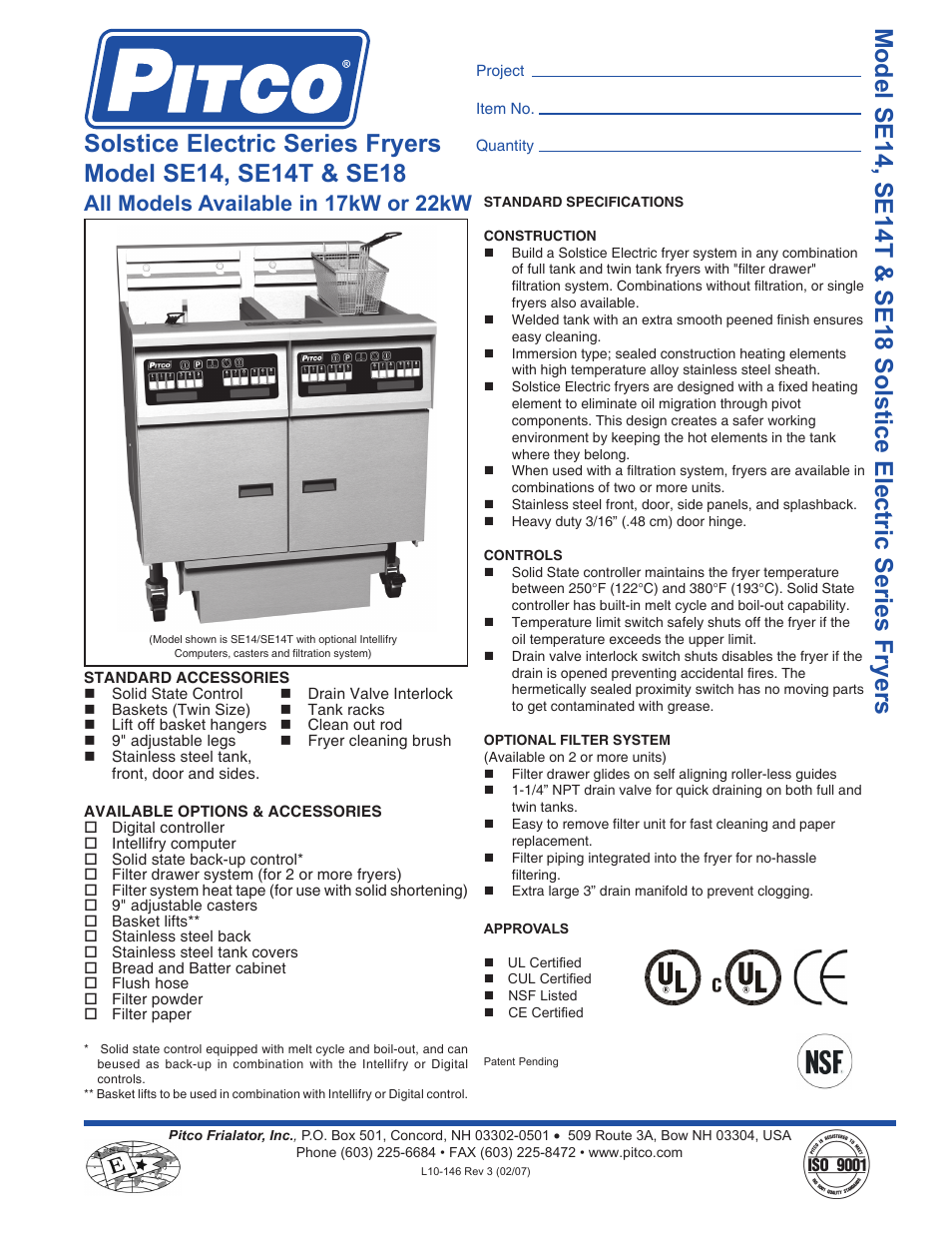 Pitco Frialator SE18 User Manual | 2 pages