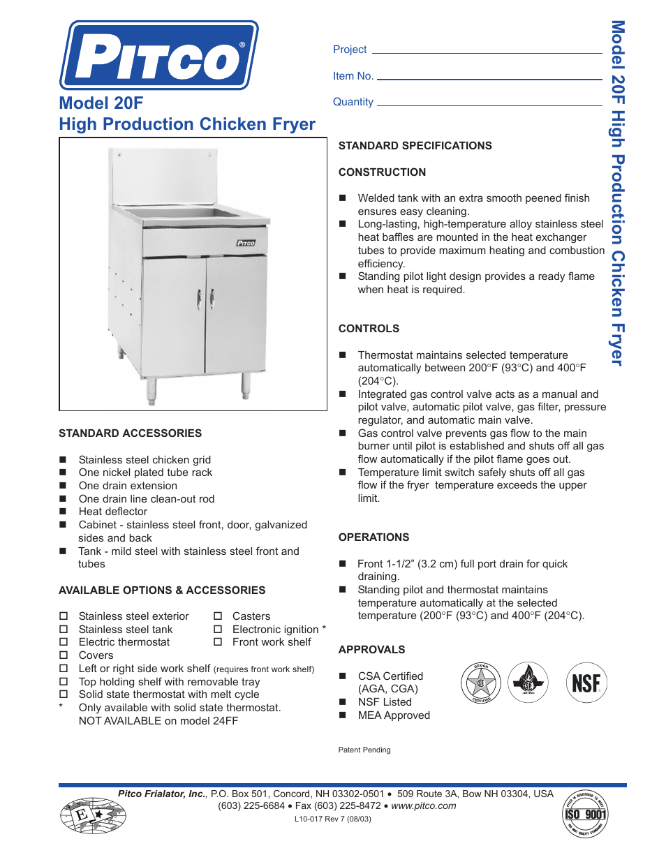 Pitco Frialator High Production Chicken Fryer 20F User Manual | 2 pages
