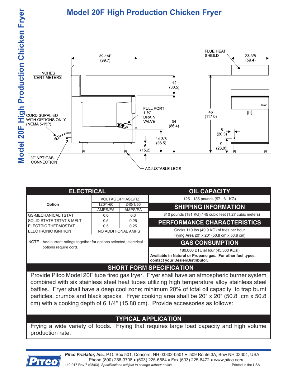 Model 20f high production chicken fryer, Shipping information, Performance characteristics | Oil capacity, Gas consumption | Pitco Frialator High Production Chicken Fryer 20F User Manual | Page 2 / 2