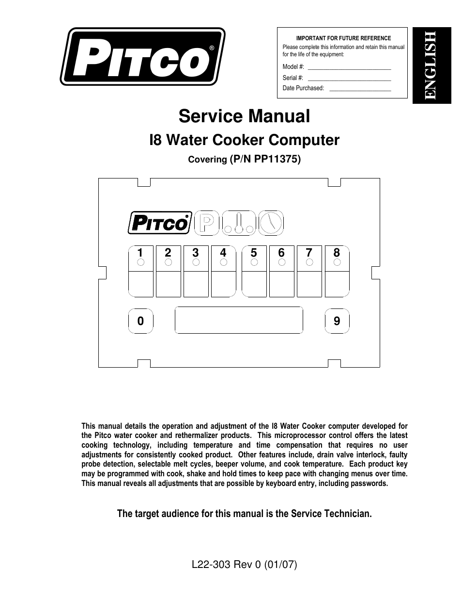 Pitco Frialator I8 Water Cooker Computer User Manual | 20 pages