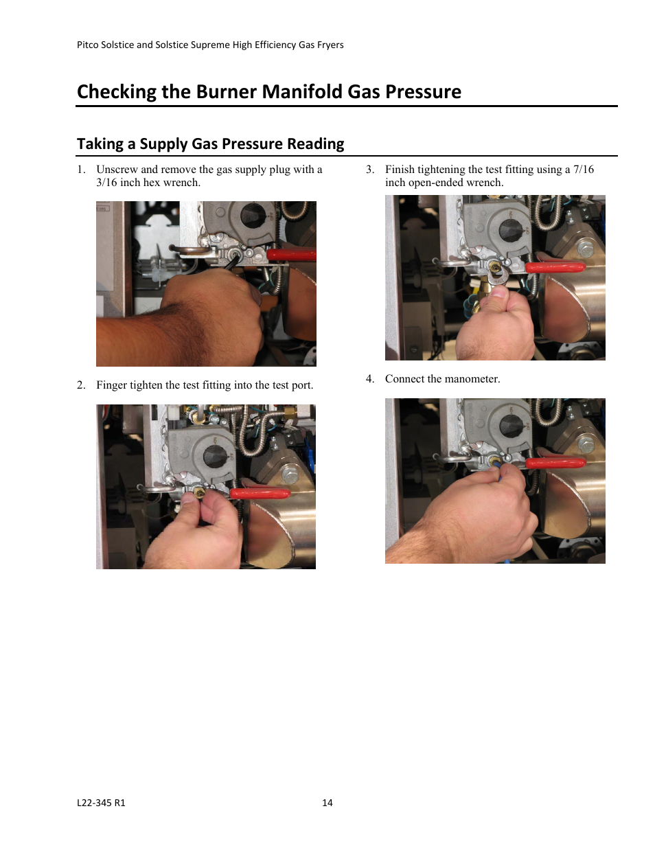 Checking the burner manifold gas pressure, Taking a supply gas pressure reading | Pitco Frialator Gas Fryers  SG Serie User Manual | Page 14 / 94