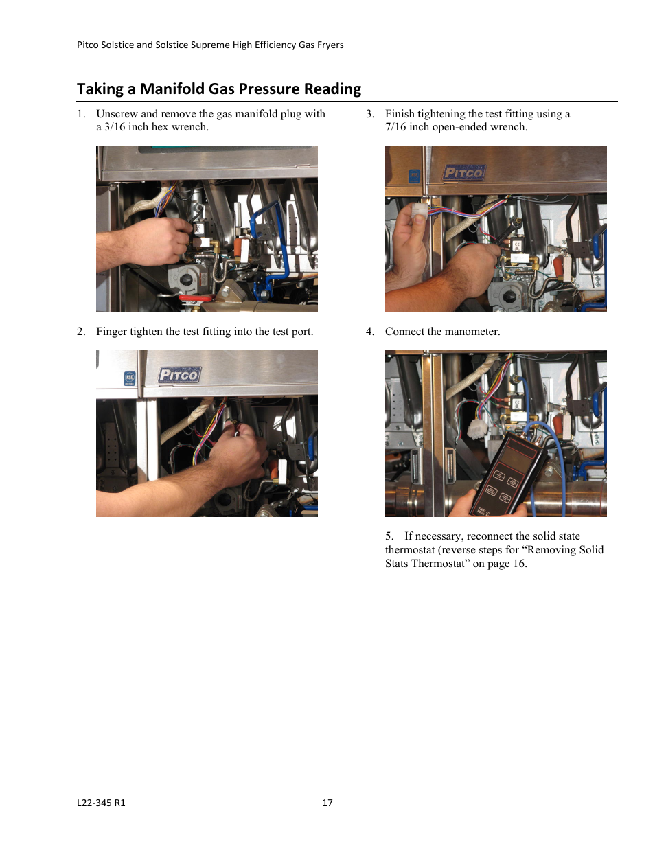 Taking a manifold gas pressure reading | Pitco Frialator Gas Fryers  SG Serie User Manual | Page 17 / 94