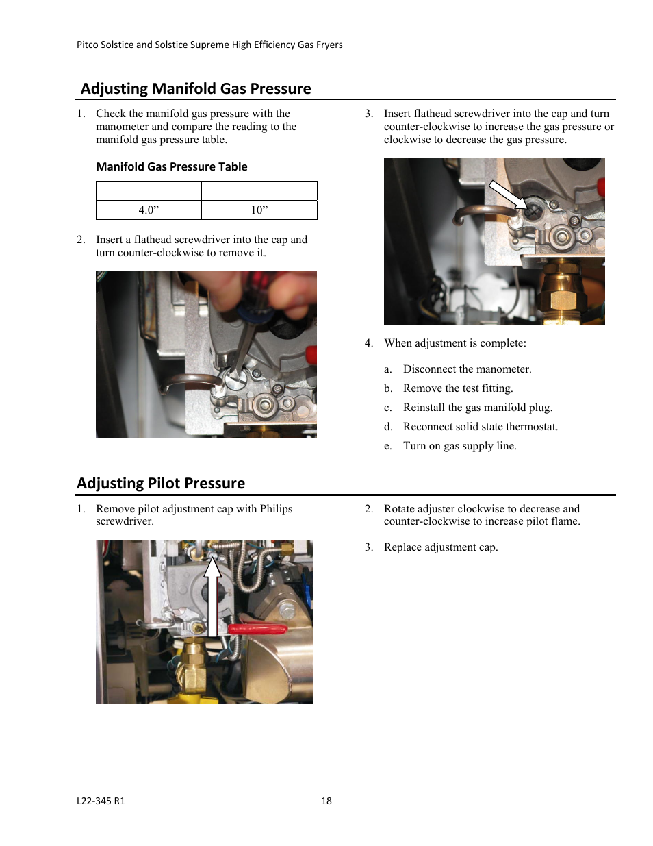 Adjusting manifold gas pressure, Adjusting pilot pressure | Pitco Frialator Gas Fryers  SG Serie User Manual | Page 18 / 94