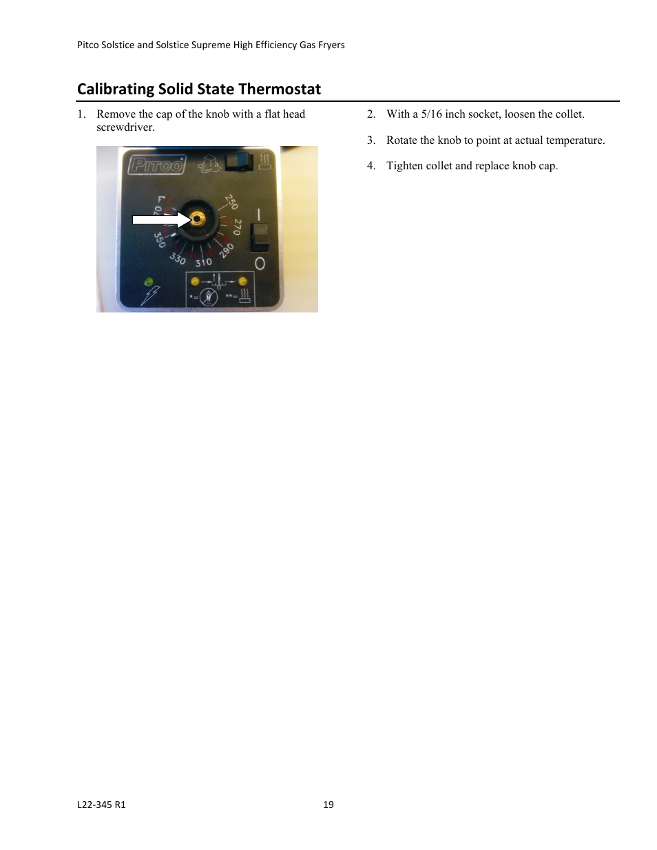 Calibrating solid state thermostat | Pitco Frialator Gas Fryers  SG Serie User Manual | Page 19 / 94