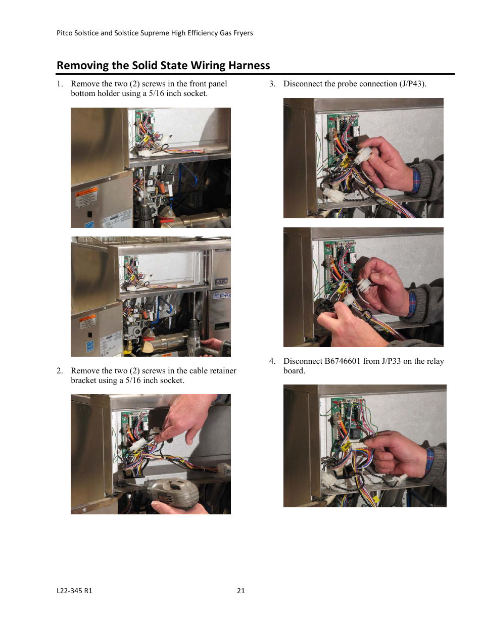 Removing the solid state wiring harness | Pitco Frialator Gas Fryers  SG Serie User Manual | Page 21 / 94