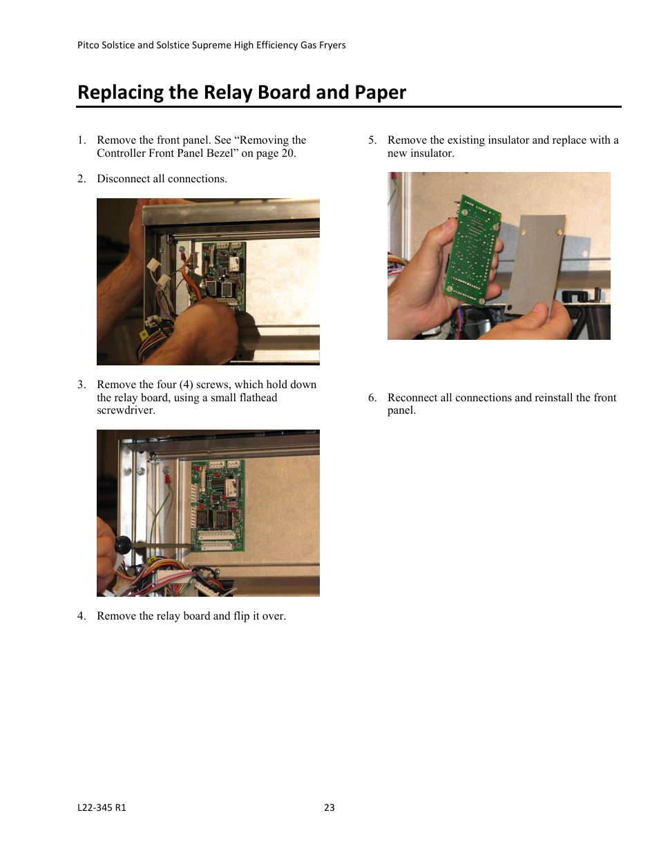 Replacing the relay board and paper | Pitco Frialator Gas Fryers  SG Serie User Manual | Page 23 / 94