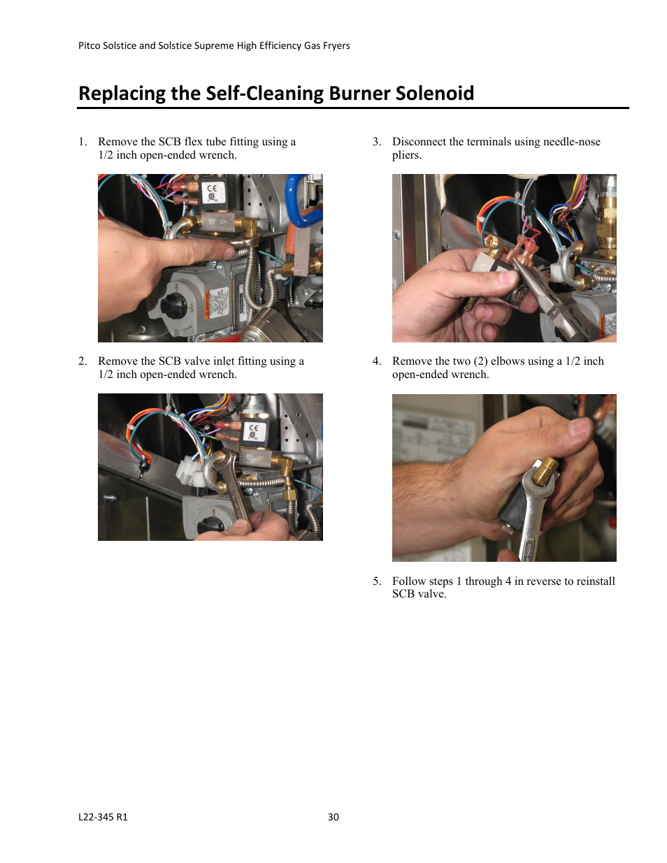 Replacing the self‐cleaning burner solenoid | Pitco Frialator Gas Fryers  SG Serie User Manual | Page 30 / 94