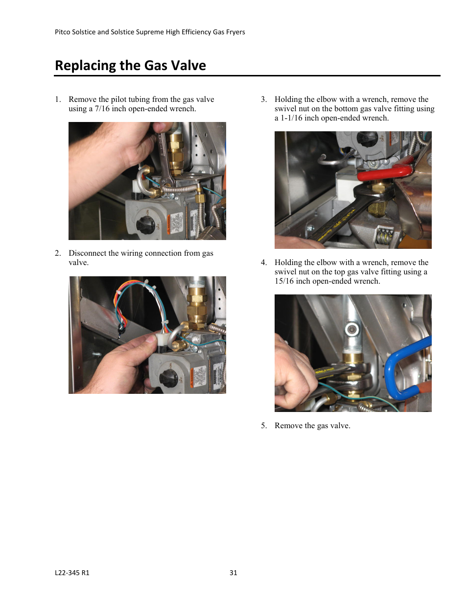 Replacing the gas valve | Pitco Frialator Gas Fryers  SG Serie User Manual | Page 31 / 94