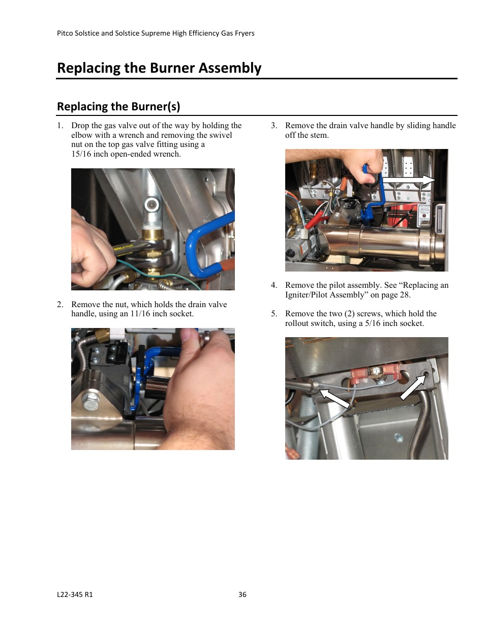 Replacing the burner assembly, Replacing the burner(s) | Pitco Frialator Gas Fryers  SG Serie User Manual | Page 36 / 94