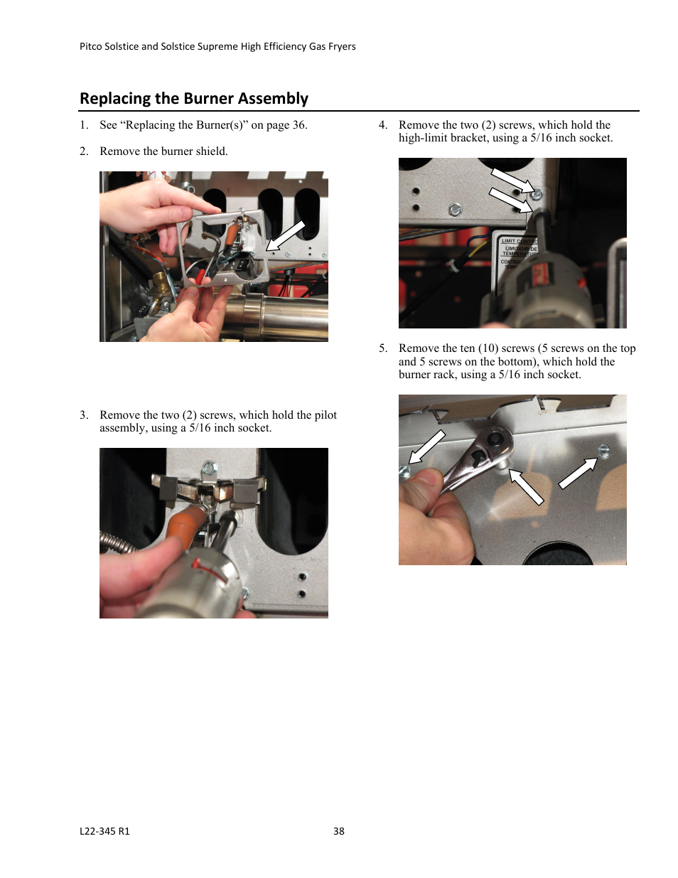 Replacing the burner assembly | Pitco Frialator Gas Fryers  SG Serie User Manual | Page 38 / 94