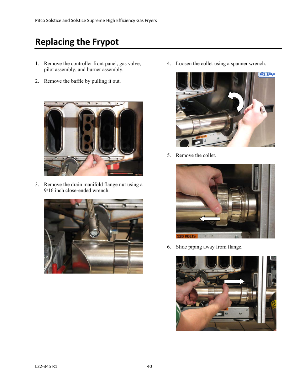 Replacing the frypot | Pitco Frialator Gas Fryers  SG Serie User Manual | Page 40 / 94