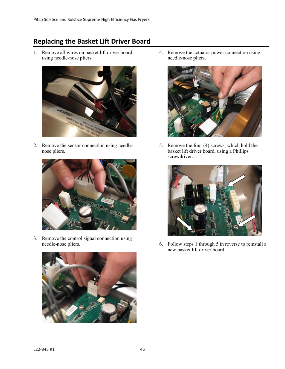 Replacing the basket lift driver board | Pitco Frialator Gas Fryers  SG Serie User Manual | Page 45 / 94