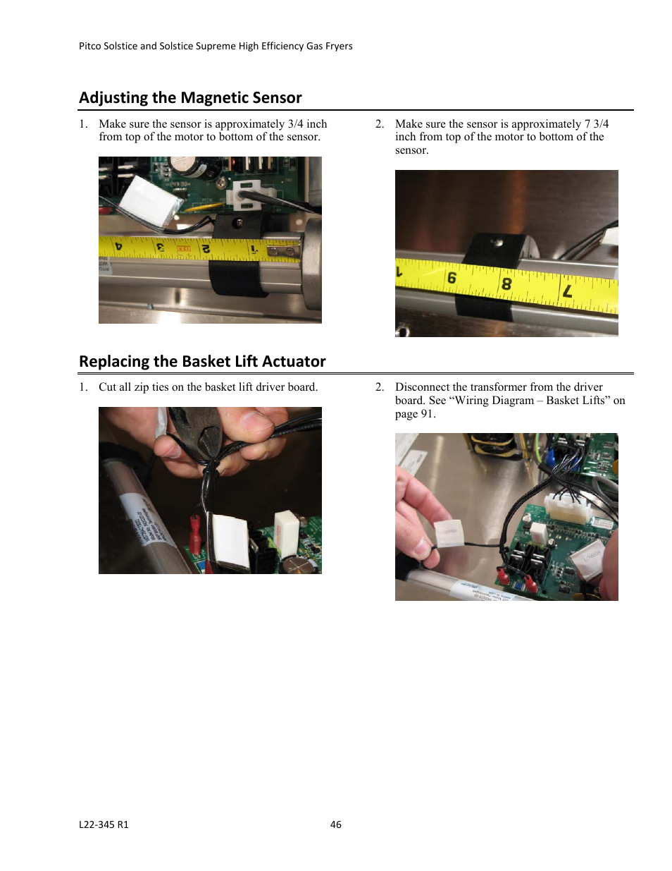 Adjusting the magnetic sensor, Replacing the basket lift actuator | Pitco Frialator Gas Fryers  SG Serie User Manual | Page 46 / 94