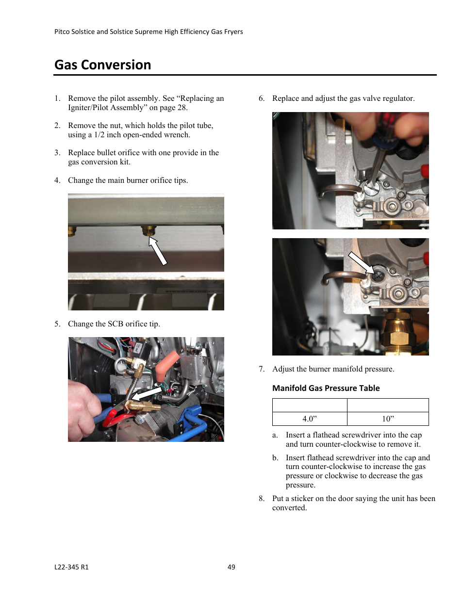 Gas conversion | Pitco Frialator Gas Fryers  SG Serie User Manual | Page 49 / 94