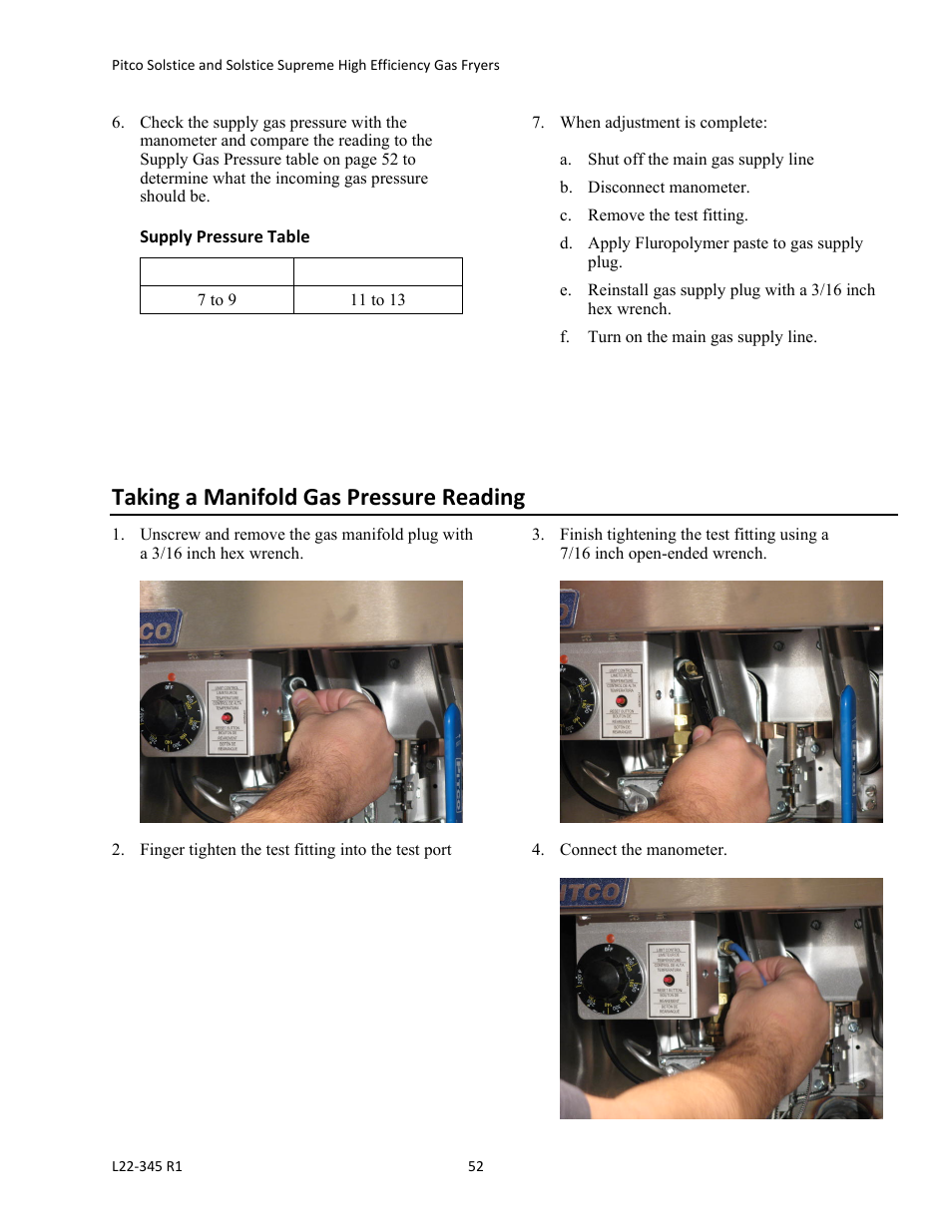 Taking a manifold gas pressure reading | Pitco Frialator Gas Fryers  SG Serie User Manual | Page 52 / 94