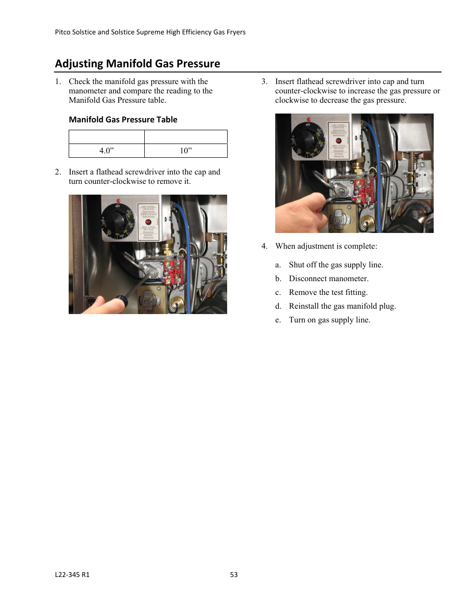 Adjusting manifold gas pressure | Pitco Frialator Gas Fryers  SG Serie User Manual | Page 53 / 94