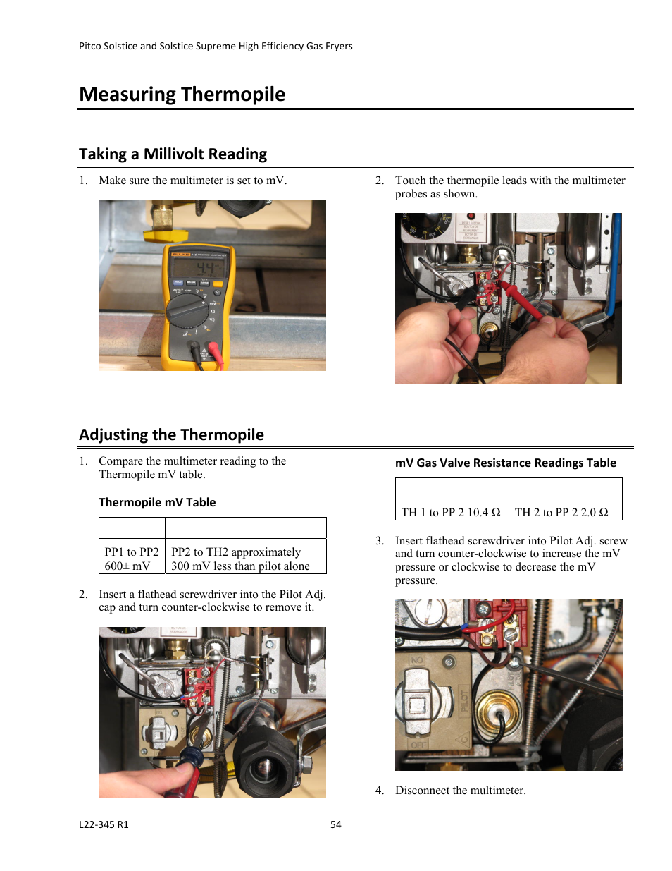 Measuring thermopile, Taking a millivolt reading, Adjusting the thermopile | Pitco Frialator Gas Fryers  SG Serie User Manual | Page 54 / 94