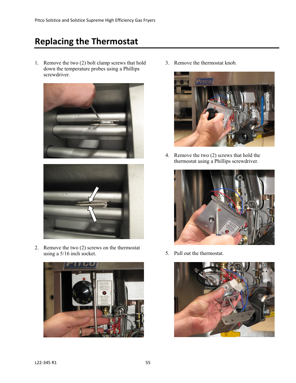 Replacing the thermostat | Pitco Frialator Gas Fryers  SG Serie User Manual | Page 55 / 94