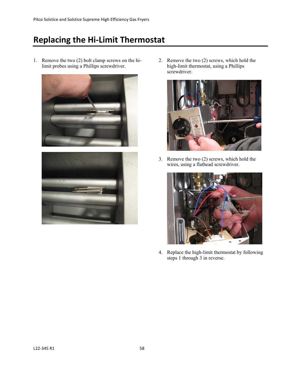 Replacing the hi‐limit thermostat | Pitco Frialator Gas Fryers  SG Serie User Manual | Page 58 / 94