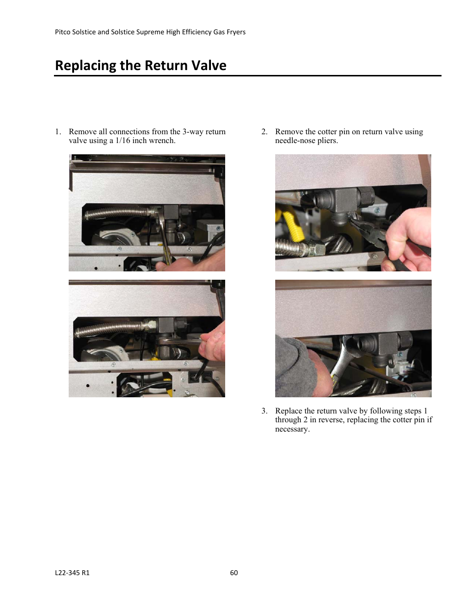 Replacing the return valve | Pitco Frialator Gas Fryers  SG Serie User Manual | Page 60 / 94