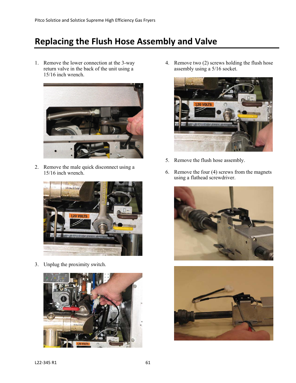 Replacing the flush hose assembly and valve | Pitco Frialator Gas Fryers  SG Serie User Manual | Page 61 / 94