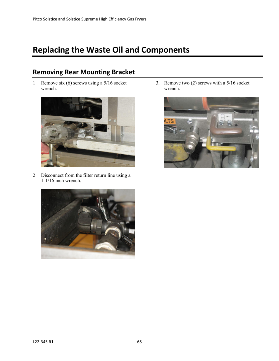 Replacing the waste oil and components, Removing rear mounting bracket | Pitco Frialator Gas Fryers  SG Serie User Manual | Page 65 / 94