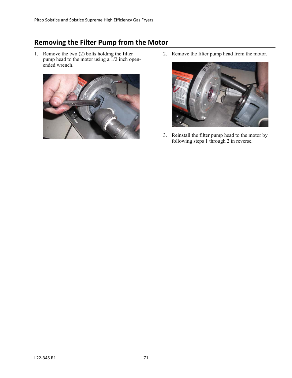 Removing the filter pump from the motor | Pitco Frialator Gas Fryers  SG Serie User Manual | Page 71 / 94