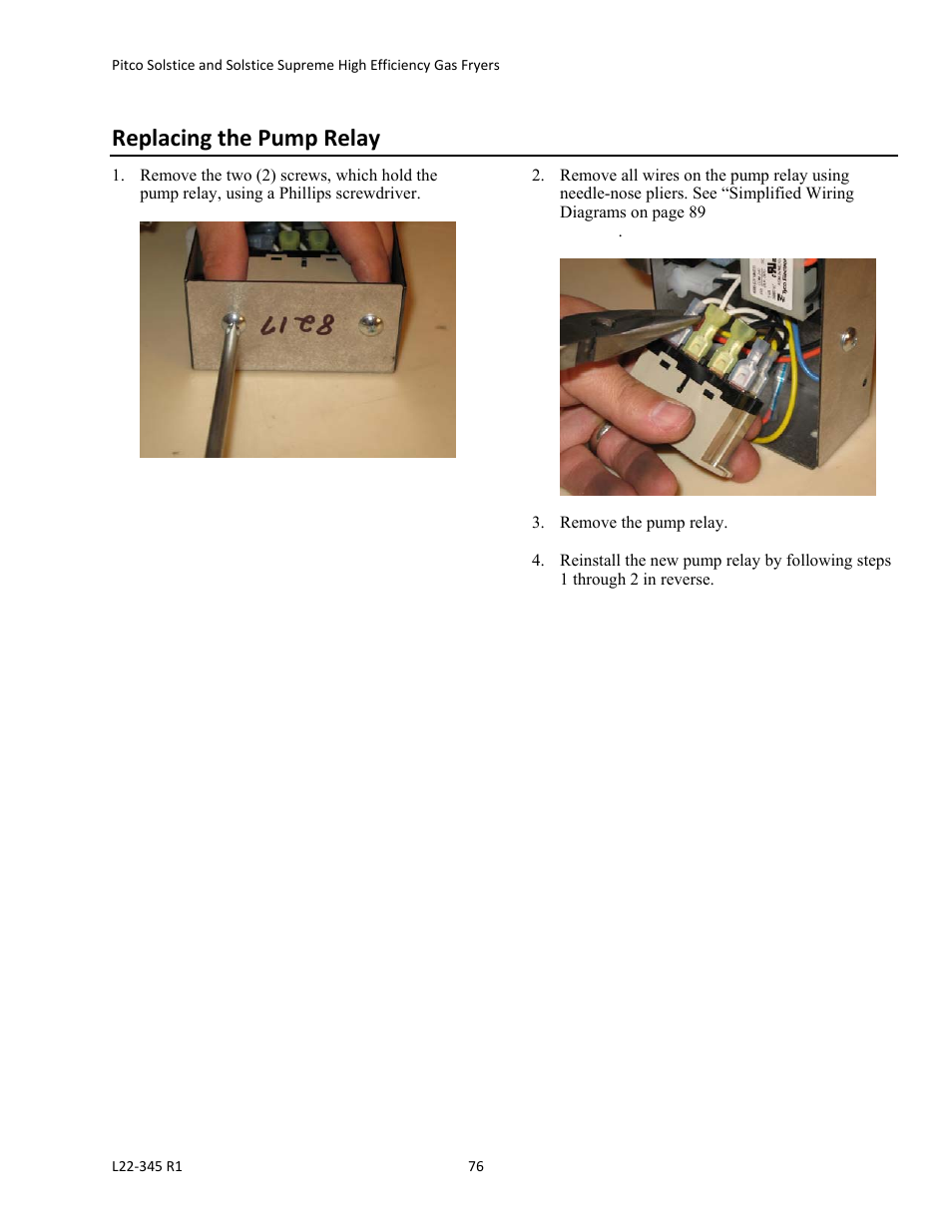 Replacing the pump relay | Pitco Frialator Gas Fryers  SG Serie User Manual | Page 76 / 94