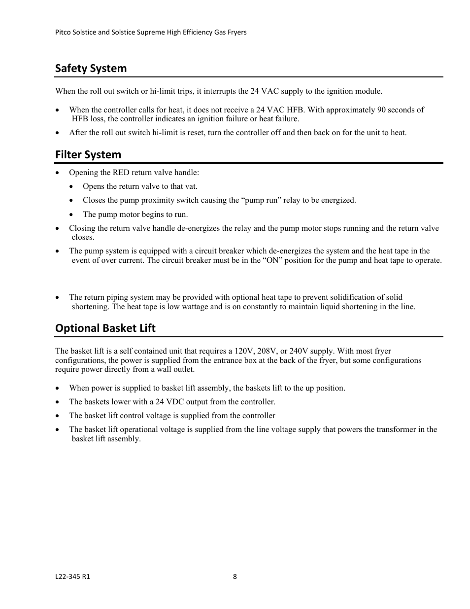 Safety system, Filter system, Optional basket lift | Pitco Frialator Gas Fryers  SG Serie User Manual | Page 8 / 94