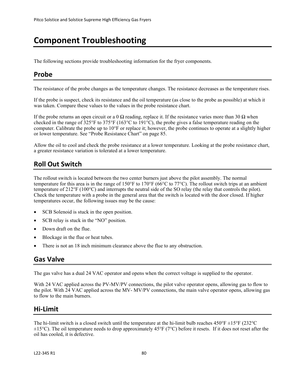 Component troubleshooting, Probe, Roll out switch | Gas valve, Hi‐limit | Pitco Frialator Gas Fryers  SG Serie User Manual | Page 80 / 94