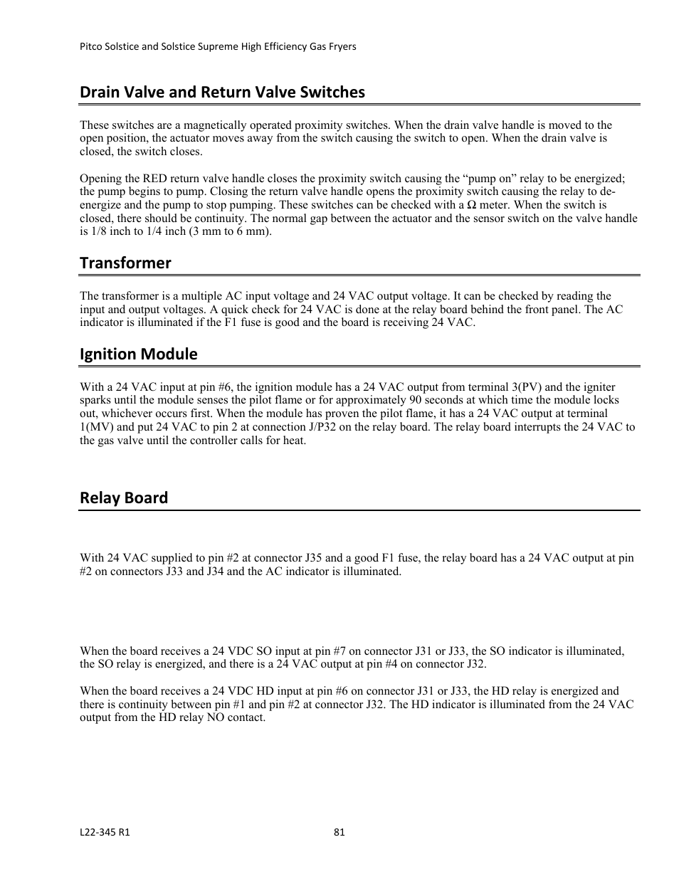 Drain valve and return valve switches, Transformer, Ignition module | Relay board | Pitco Frialator Gas Fryers  SG Serie User Manual | Page 81 / 94