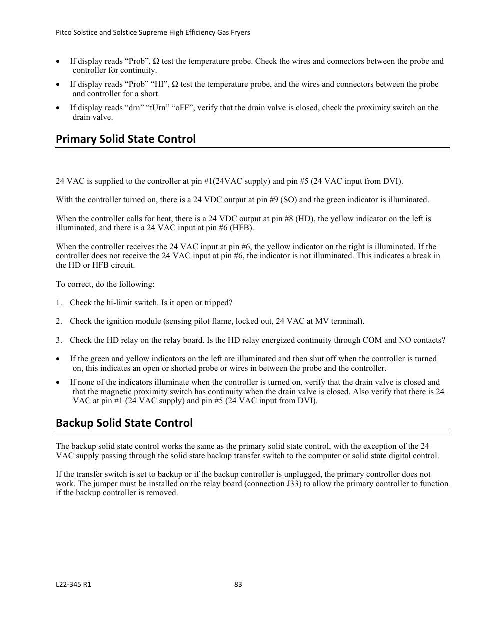 Primary solid state control, Backup solid state control | Pitco Frialator Gas Fryers  SG Serie User Manual | Page 83 / 94