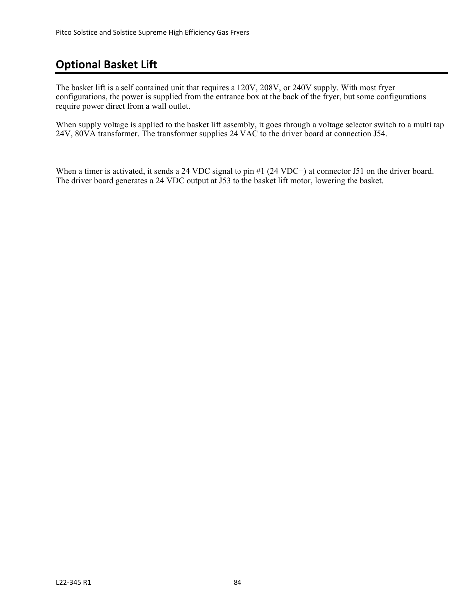 Optional basket lift | Pitco Frialator Gas Fryers  SG Serie User Manual | Page 84 / 94