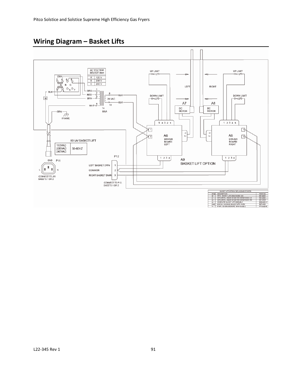 Wiring diagram – basket lifts | Pitco Frialator Gas Fryers  SG Serie User Manual | Page 91 / 94