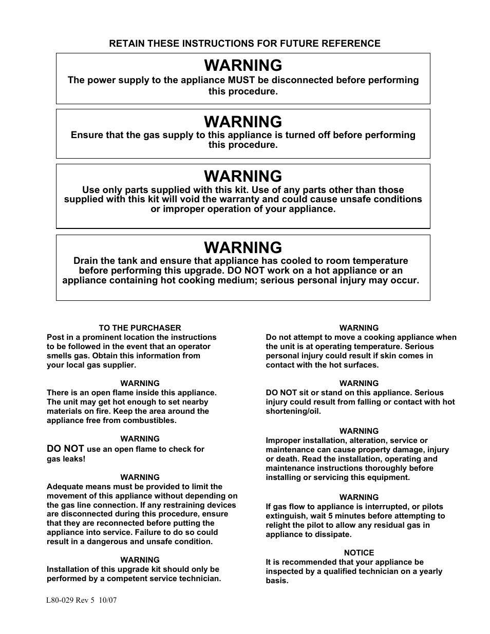 Warning | Pitco Frialator Self-Cleaning Burner System User Manual | Page 2 / 24