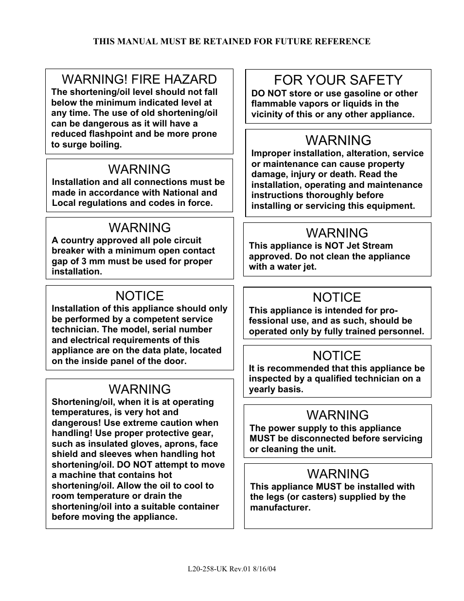 For your safety, Warning, Warning! fire hazard | Notice | Pitco Frialator E500D User Manual | Page 2 / 20