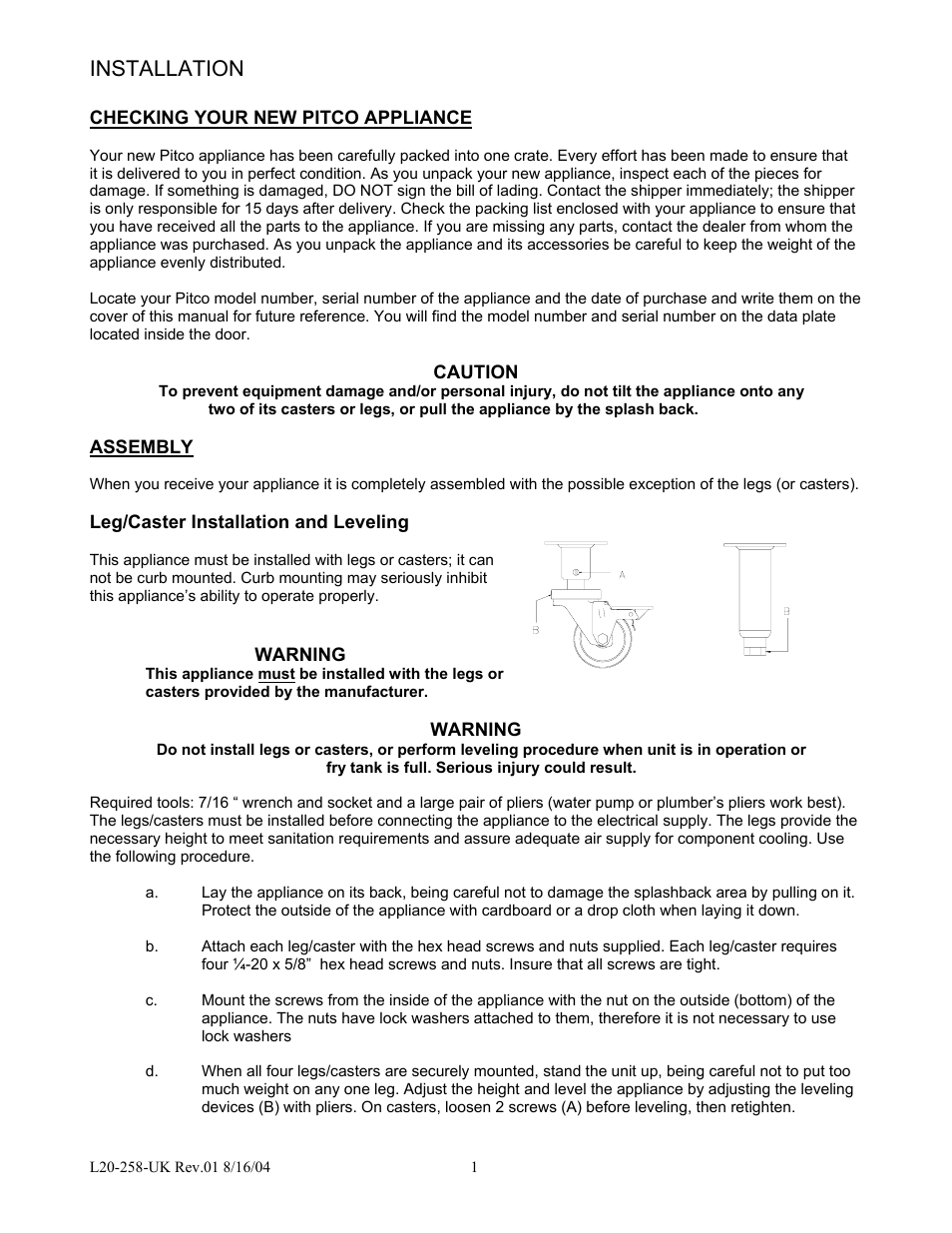 Installation | Pitco Frialator E500D User Manual | Page 4 / 20