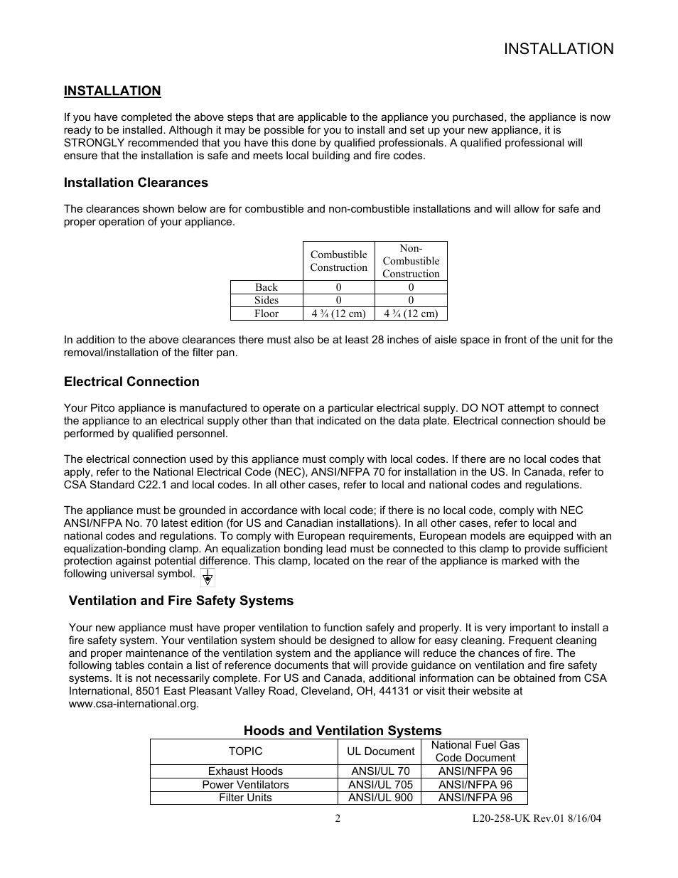 Installation | Pitco Frialator E500D User Manual | Page 5 / 20