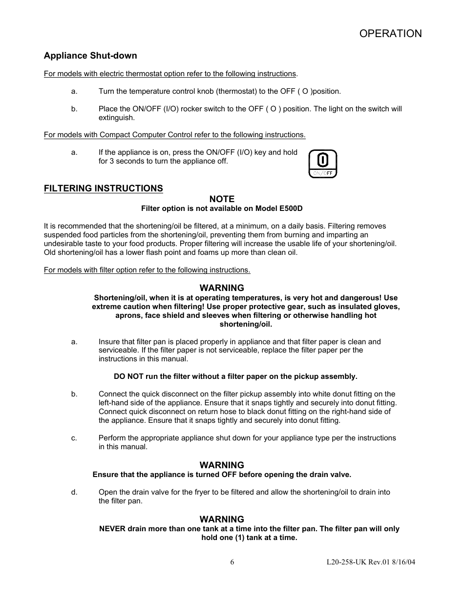 Operation | Pitco Frialator E500D User Manual | Page 9 / 20