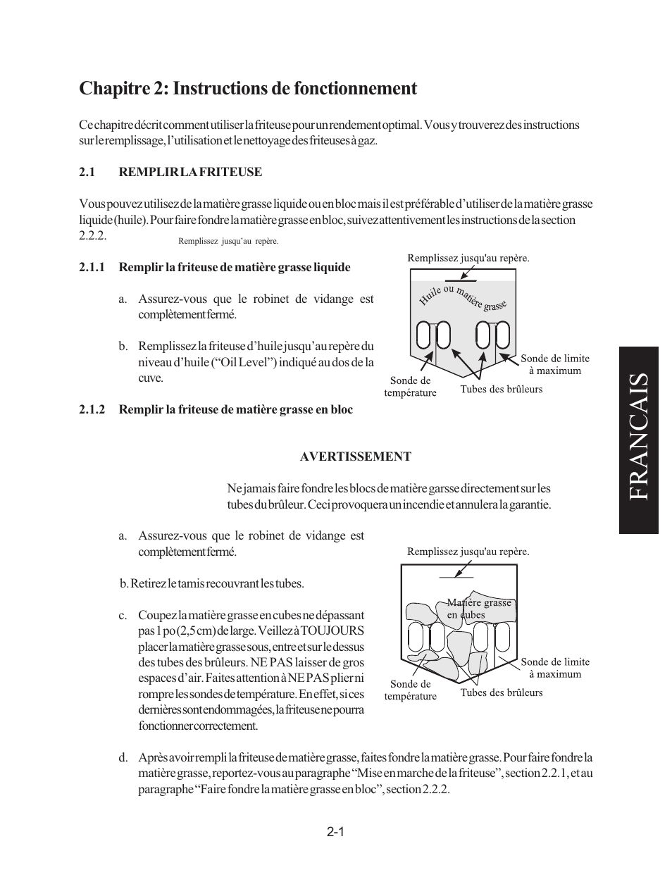 Francais, Chapitre 2: instructions de fonctionnement | Pitco Frialator Gas Fryer 65 User Manual | Page 34 / 41