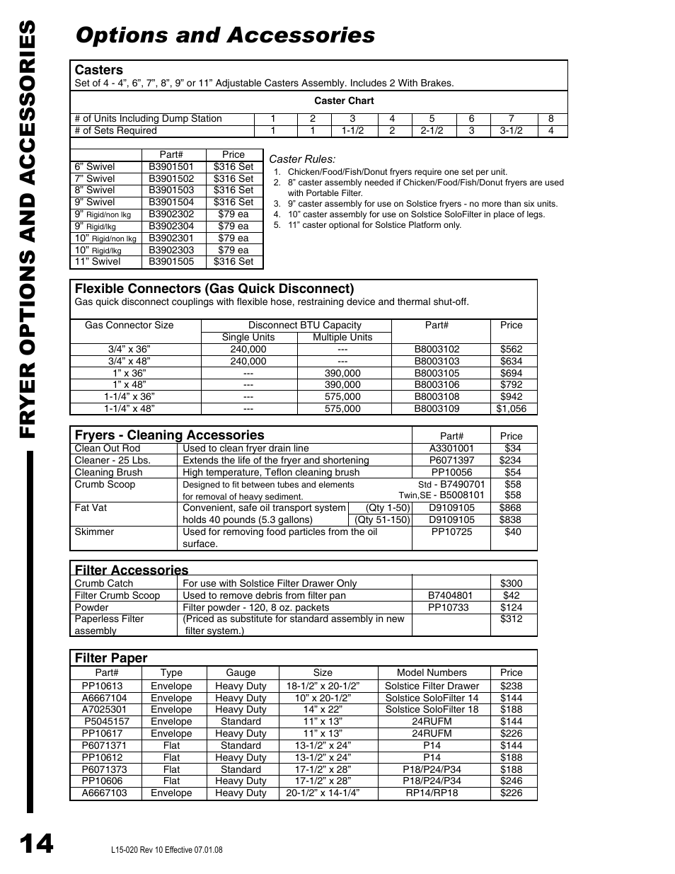 Options and accessories, Fr yer options and a ccessories, Casters | Flexible connectors (gas quick disconnect), Fryers - cleaning accessories, Filter accessories, Filter paper | Pitco Frialator SG14DI User Manual | Page 16 / 23