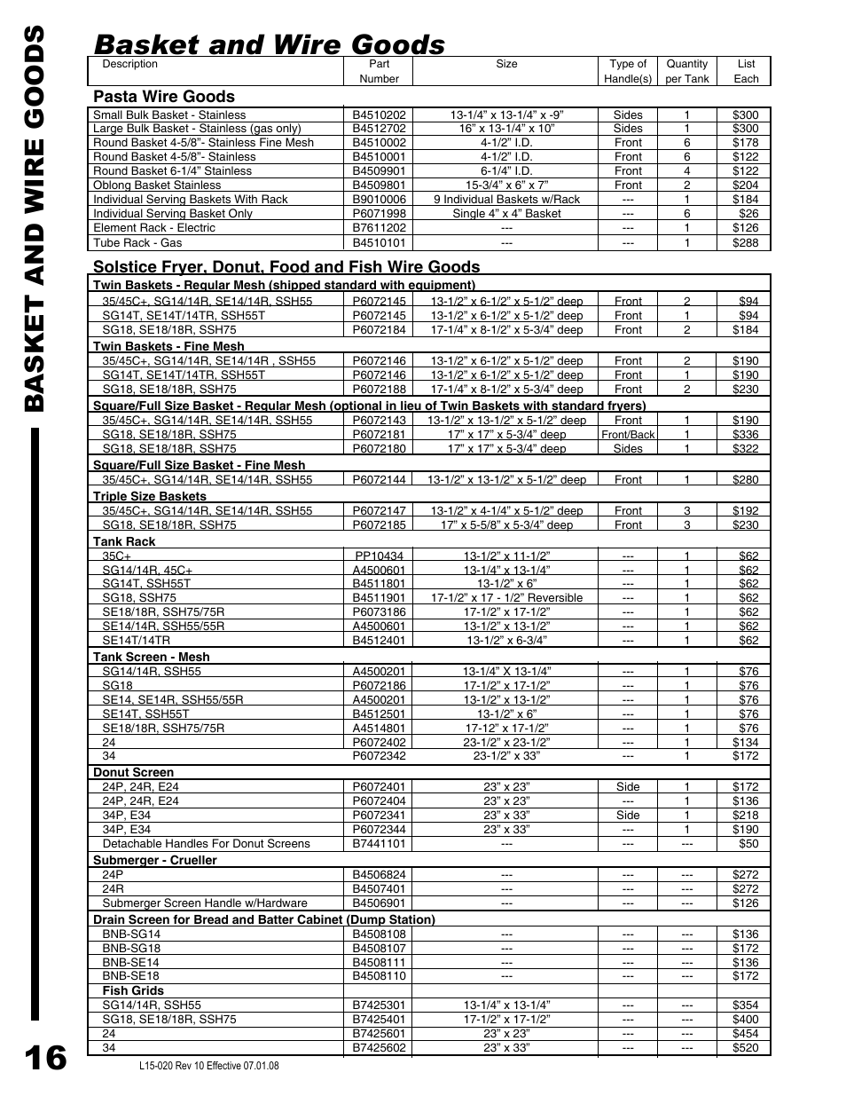 Basket and wire goods, Pasta wire goods, Solstice fryer, donut, food and fish wire goods | Pitco Frialator SG14DI User Manual | Page 18 / 23