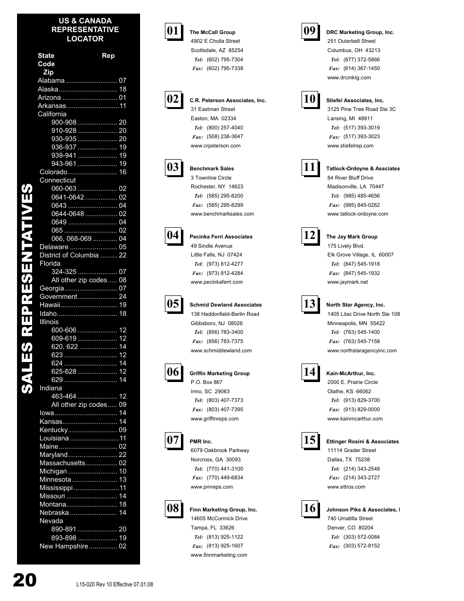 Us & canada sales reps, Sales represent a tives | Pitco Frialator SG14DI User Manual | Page 22 / 23