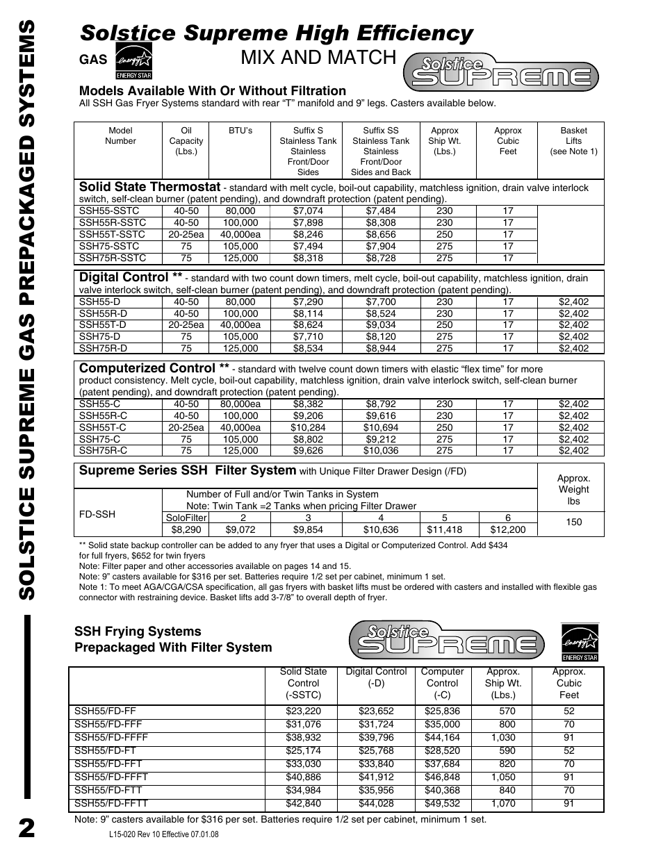 Solstice supreme, Solstice supreme high efficiency, Solstice supreme gas prep a cka ged sy stems | Mix and match, Models available with or without filtration, Solid state thermostat, Digital control, Computerized control, Supreme series ssh filter system, Ssh frying systems prepackaged with filter system | Pitco Frialator SG14DI User Manual | Page 4 / 23