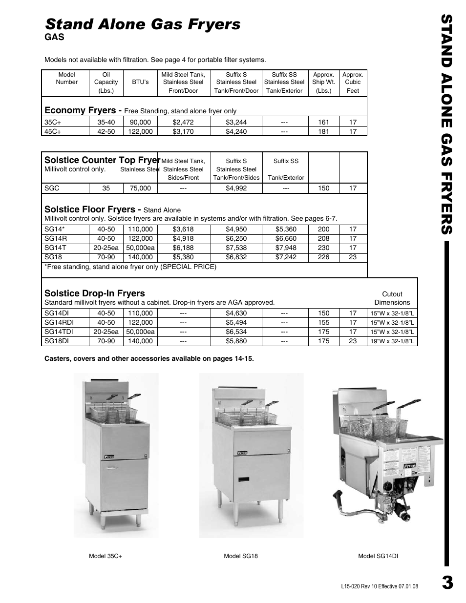 Stand alone gas fryers, St and al one gas fr yers, Economy fryers | Solstice counter top fryer, Solstice floor fryers, Solstice drop-in fryers | Pitco Frialator SG14DI User Manual | Page 5 / 23