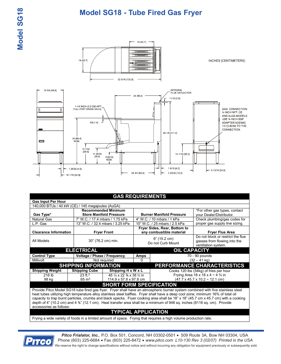 Model sg18 - tube fired gas fryer | Pitco Frialator SG18 User Manual | Page 2 / 2