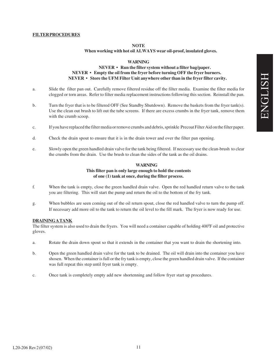 English | Pitco Frialator SG User Manual | Page 13 / 48